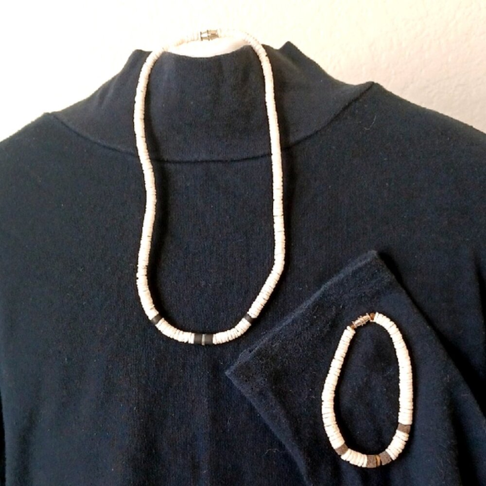 2 PIECE SET Vintage White Puca Shell Necklace & Bracelet for Men or Women Unisex